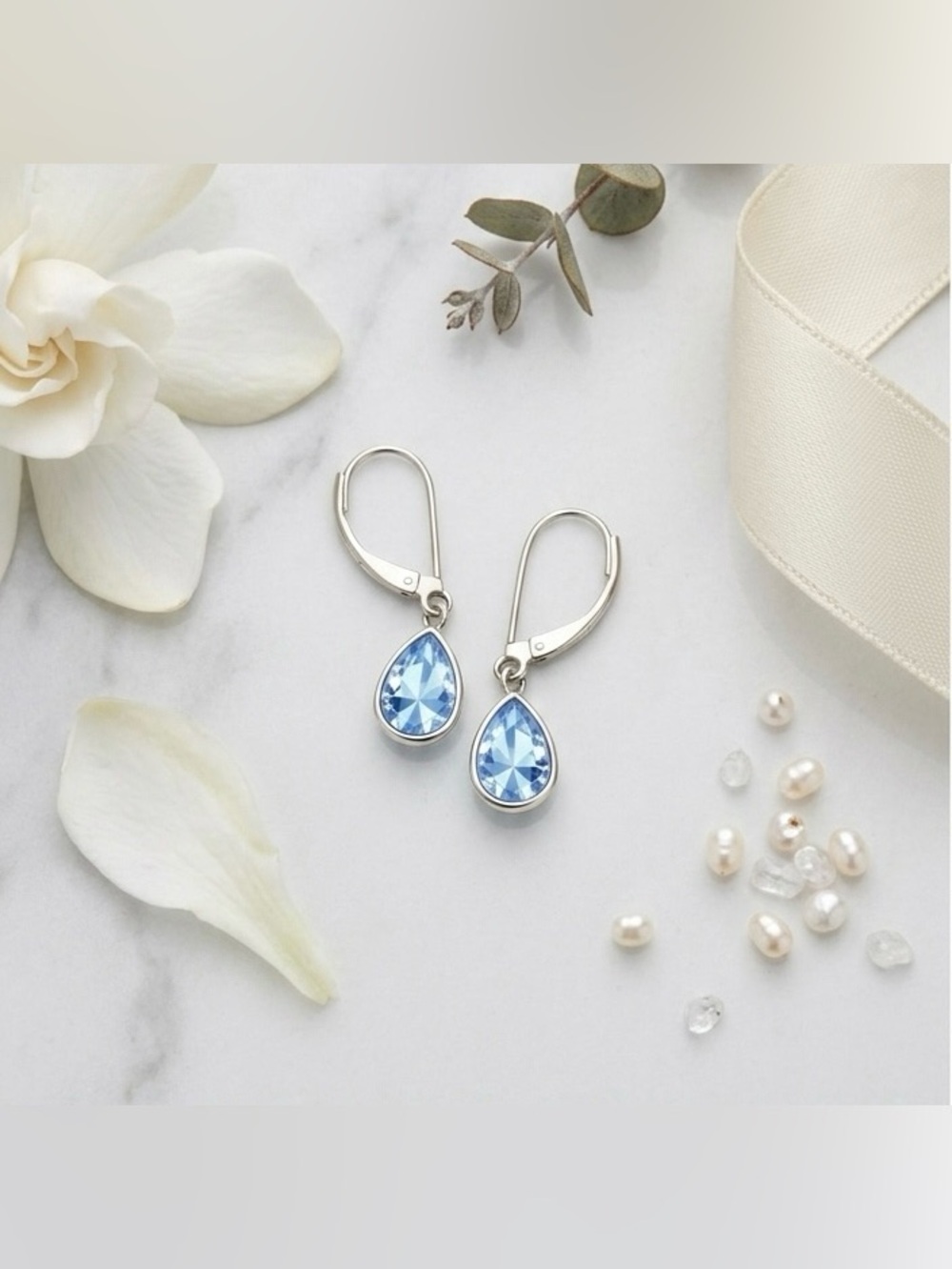 14K White Gold Blue Topaz Pear Bezel Leverback Earrings XRF Auth Fine Jewelry